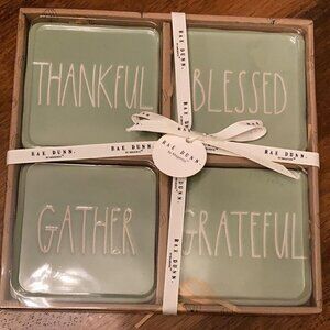 Rae Dunn Ceramic Coasters Set of 4, Thankful, Blessed, Gather, Grateful Green